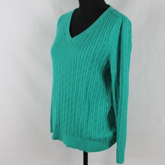 Caribbean Joe Sweaters - CARIBBEAN JOE Knitted Sweater Woman Sizer XL Green Cable Knit Long Sleeve V Neck